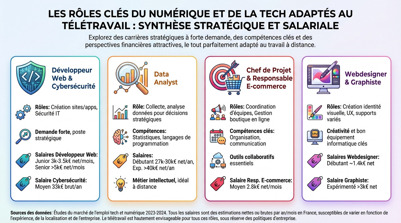 <strong>Infographie présentant les rôles clés et les salaires des métiers de la tech en télétravail</strong>