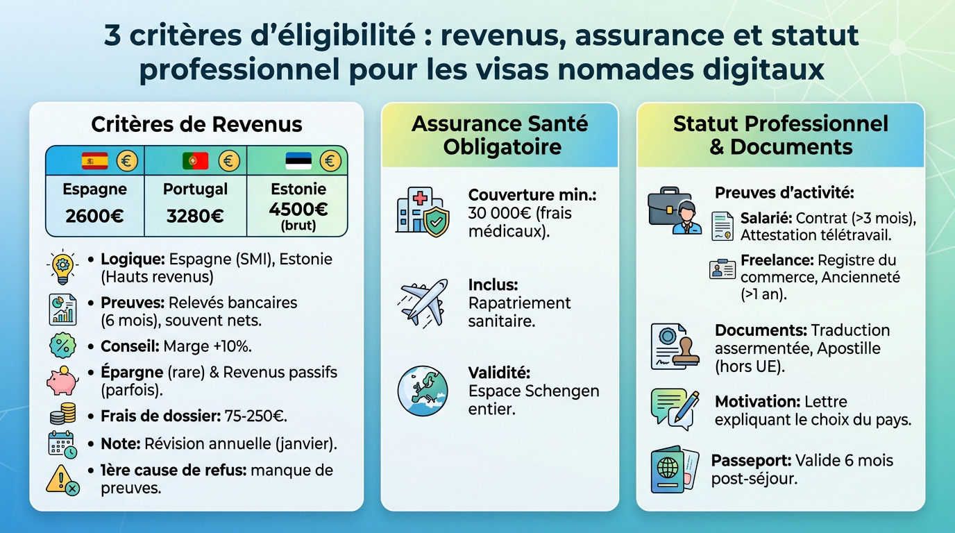 Tableau récapitulatif des critères financiers et administratifs pour le visa nomade numérique en Europe