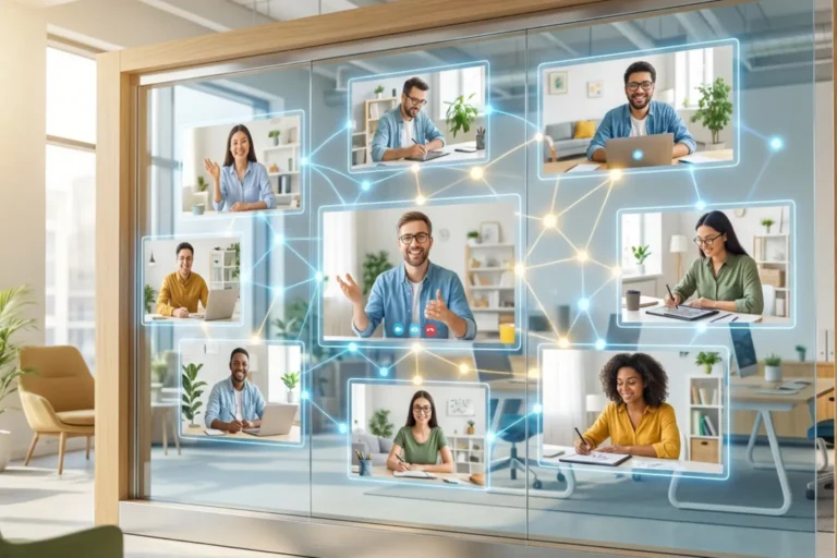 A diverse team collaborating remotely via a large screen displaying interconnected video calls with glowing lines, set in a bright office.