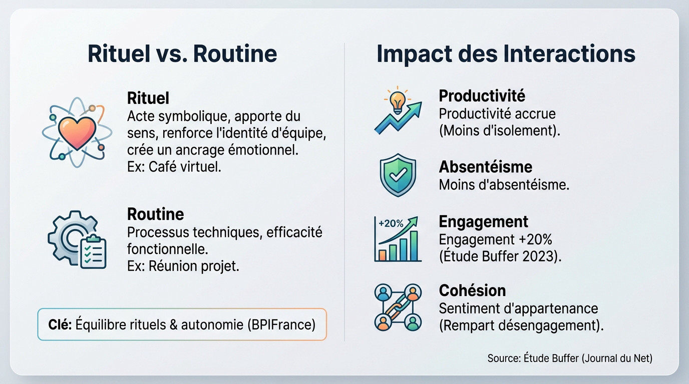 Comparaison entre rituels et routines pour la coh&eacute;sion d'&eacute;quipe en t&eacute;l&eacute;travail