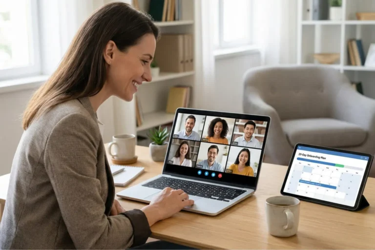 Smiling woman on video call with diverse team, reviewing a 30-day onboarding plan on a tablet in a modern home office.