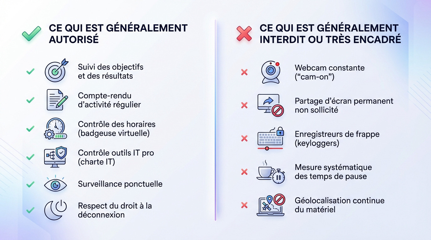 Illustration comparant les méthodes de surveillance autorisées et interdites en télétravail