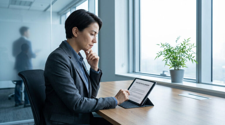 Femme pensive consulte un avis juridique sur tablette au bureau, songeuse face à ses droits. Silhouette floue en arrière-plan.
