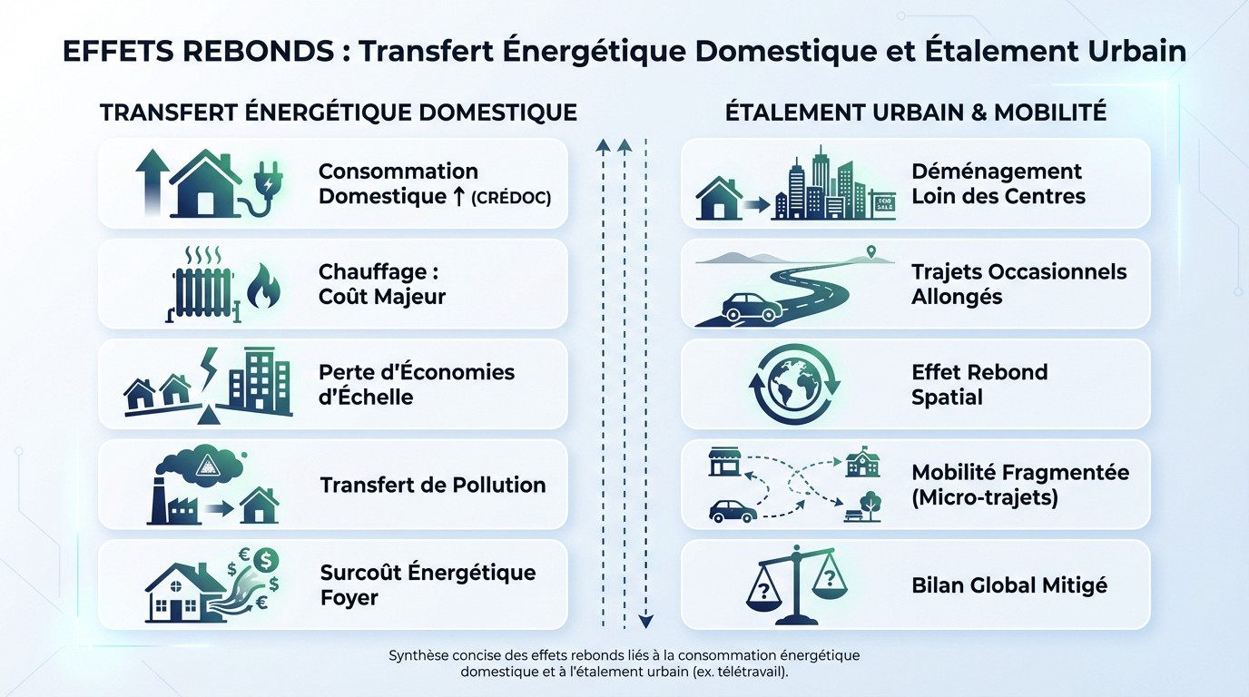 Schéma illustrant la hausse de consommation énergétique domestique et l'étalement urbain liés au télétravail