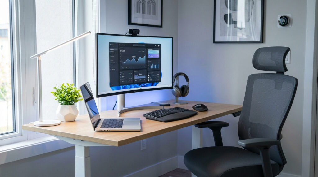 Bureau de télétravail moderne avec grand écran, ordinateur portable, casque, chaise ergonomique, lampe et plante.