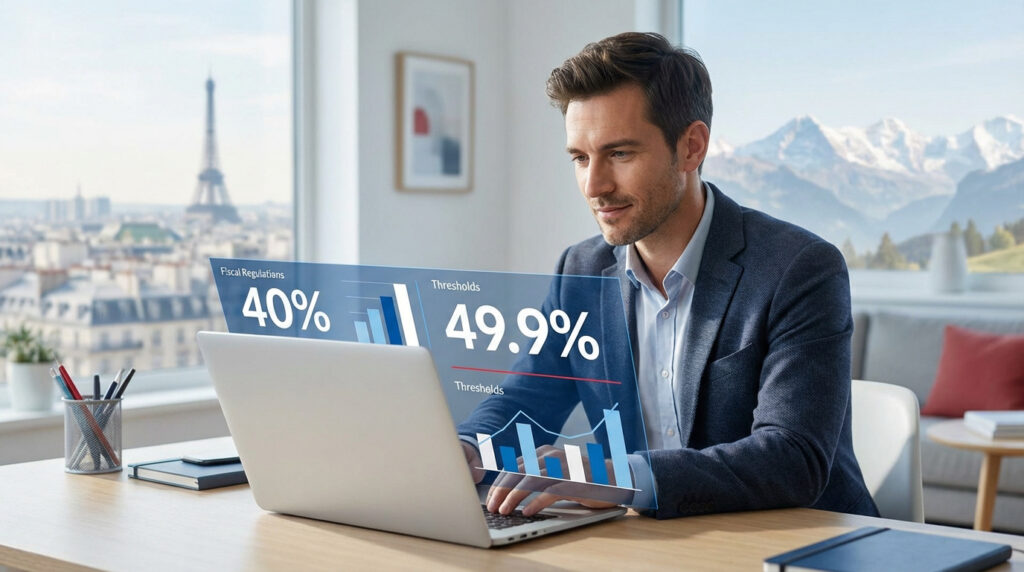 Un homme en costume analyse des graphiques holographiques sur son ordinateur, avec Paris et les Alpes visibles par la fenêtre.