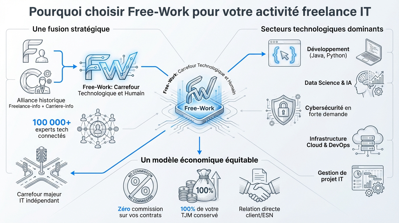 Femme experte tech travaillant sur la plateforme Free-Work dans un bureau moderne