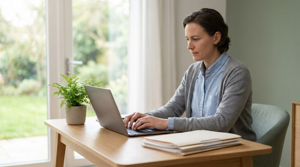 Une femme concentrée travaille sur un ordinateur portable à son bureau à domicile, avec une fenêtre donnant sur un jardin.