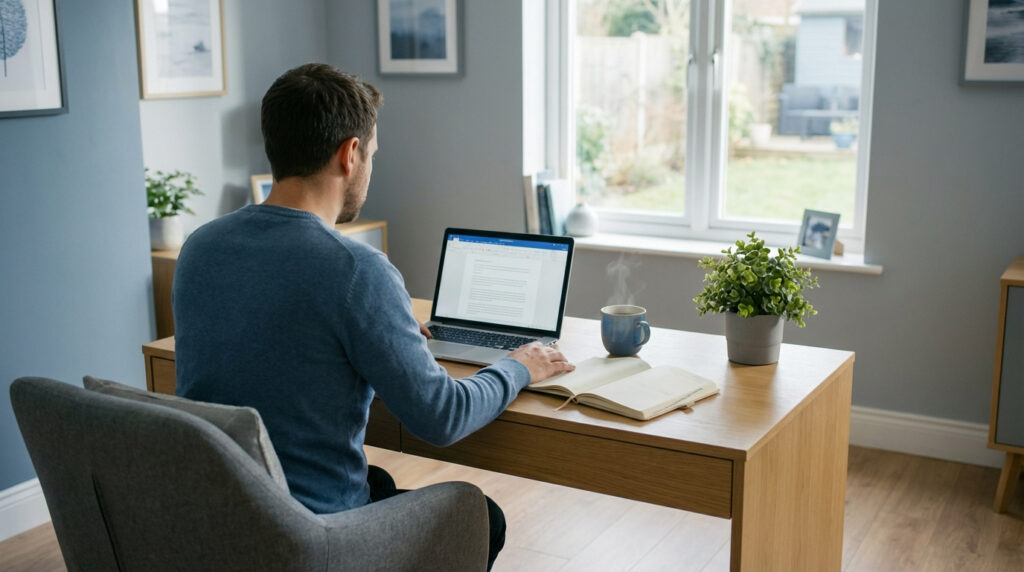 Un homme travaille sur son ordinateur portable à un bureau en bois, avec une tasse et une plante, près d'une fenêtre lumineuse.