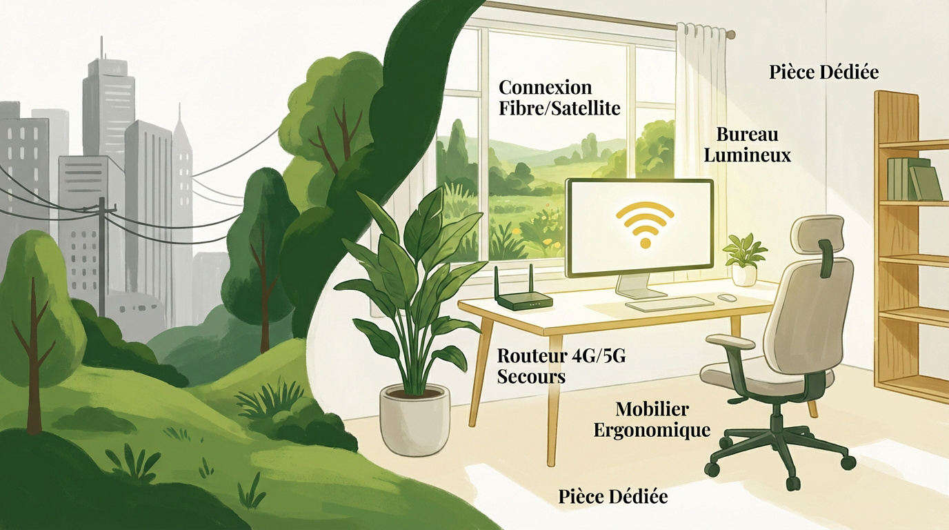 Femme d'origine ethnique diverse travaillant sereinement dans un bureau lumineux à la campagne