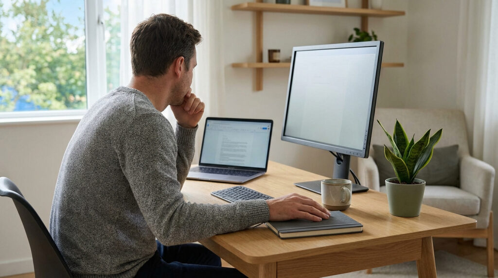 Homme au bureau à domicile, main sur le menton, semblant réfléchir ou être bloqué. Ordinateur portable, écran, carnet et plante.