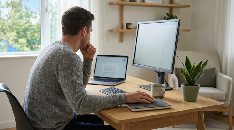 Homme au bureau à domicile, main sur le menton, semblant réfléchir ou être bloqué. Ordinateur portable, écran, carnet et plante.