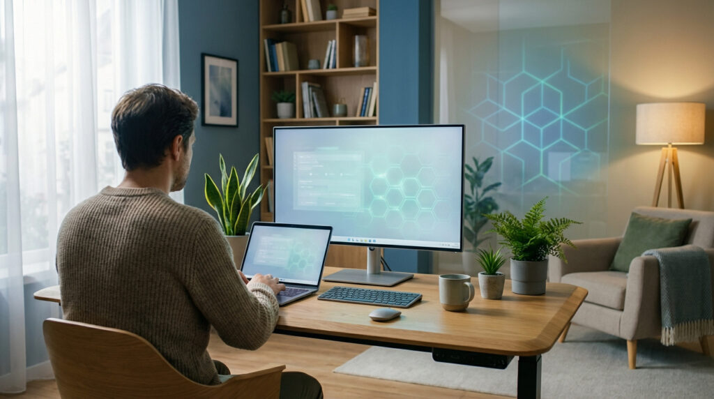 Un homme travaille sur son laptop et un grand écran avec motifs hexagonaux, dans un bureau à domicile moderne et lumineux.