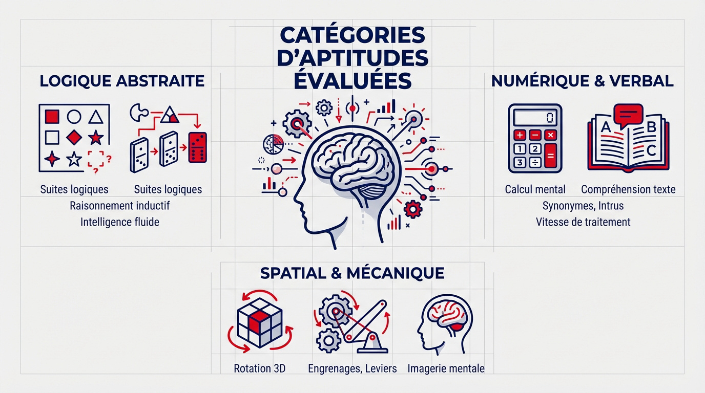 Repr&eacute;sentation des diff&eacute;rentes cat&eacute;gories d'aptitudes &eacute;valu&eacute;es lors d'un test psychotechnique