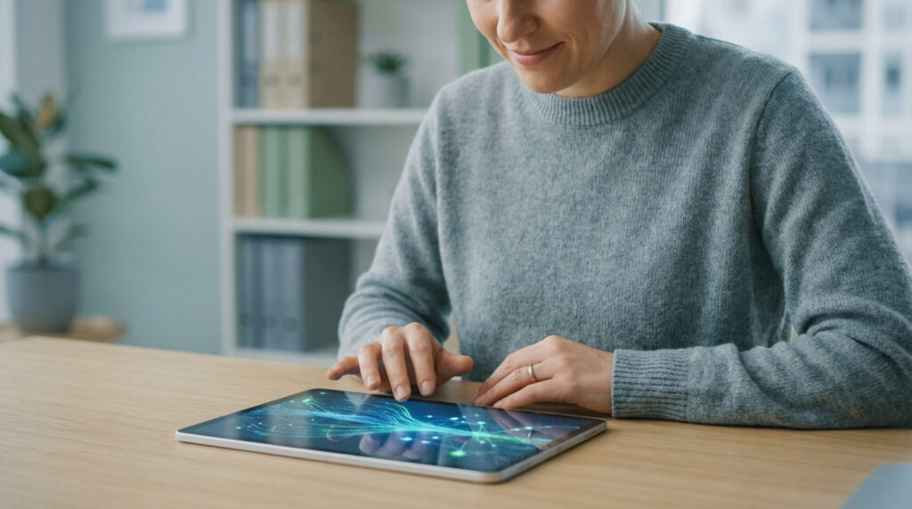 Femme souriante consulte une tablette affichant un réseau lumineux. Elle gère ses droits et soins de santé en ligne.