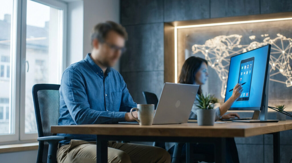 Un homme sur un laptop et une femme sur un écran tactile dans un bureau moderne, symbolisant le télétravail et la collaboration mondiale.