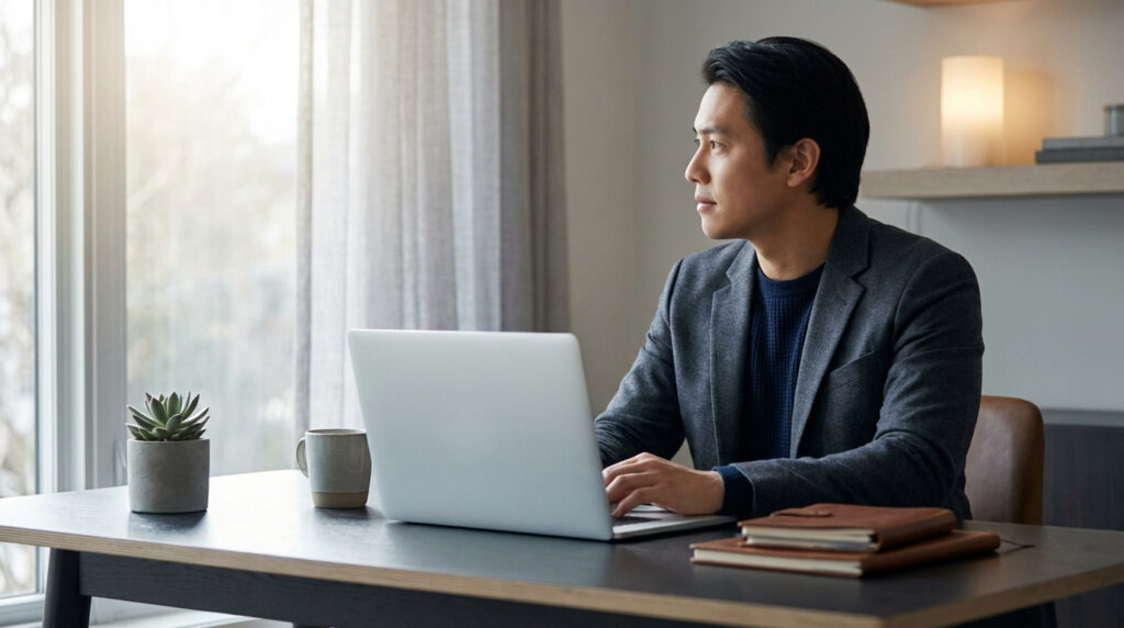 Homme asiatique en blazer gris, assis à un bureau avec un ordinateur portable, regarde pensivement par la fenêtre ensoleillée.