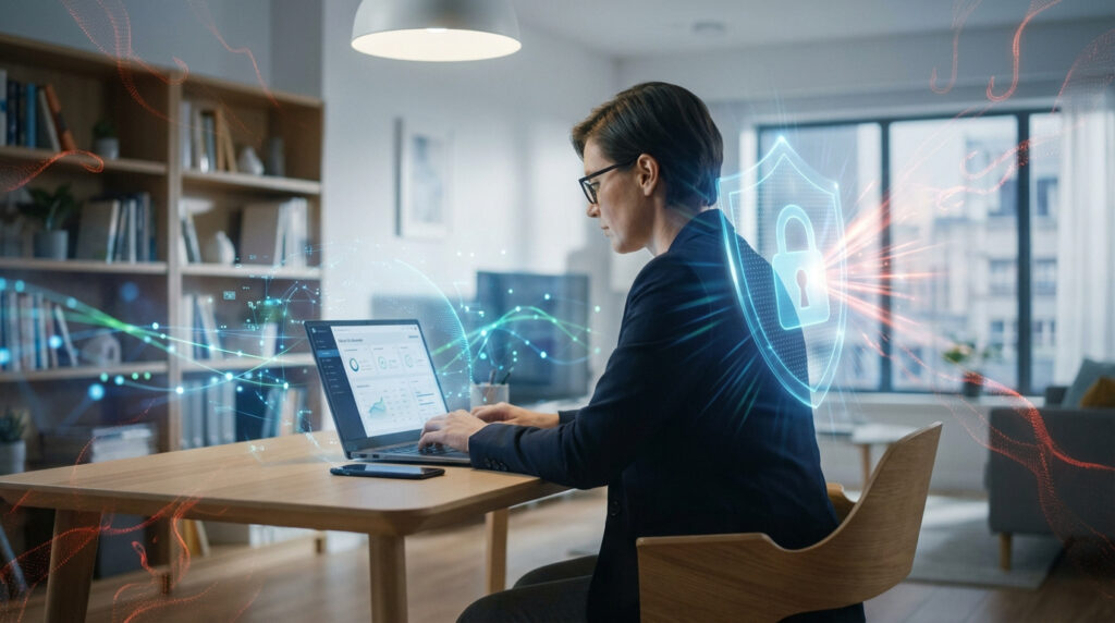 Femme en télétravail sur ordinateur portable, protégée par un bouclier numérique contre des menaces de cyberattaque (hameçonnage).