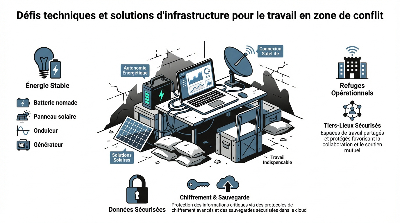 Femme d'origine moyen-orientale travaillant sur ordinateur dans un environnement urbain r&eacute;silient