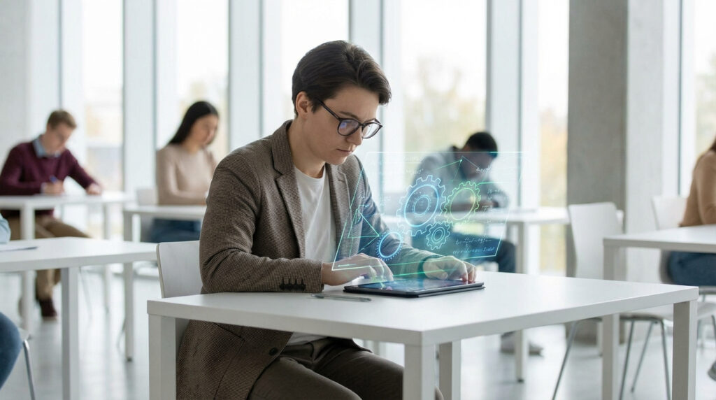 Un jeune homme concentré utilise une tablette avec projection holographique d'engrenages lors d'un test en salle.
