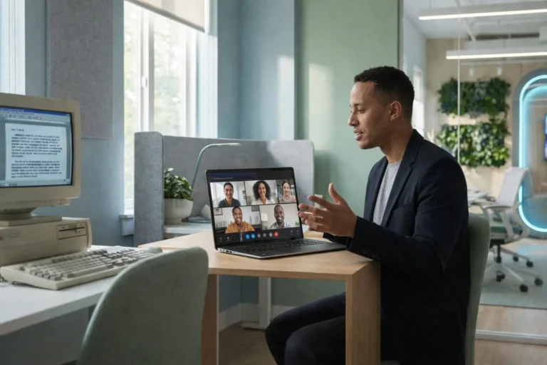 Un homme en visioconférence sur un laptop moderne contraste avec un ancien PC de 1995, illustrant l'évolution du télétravail.