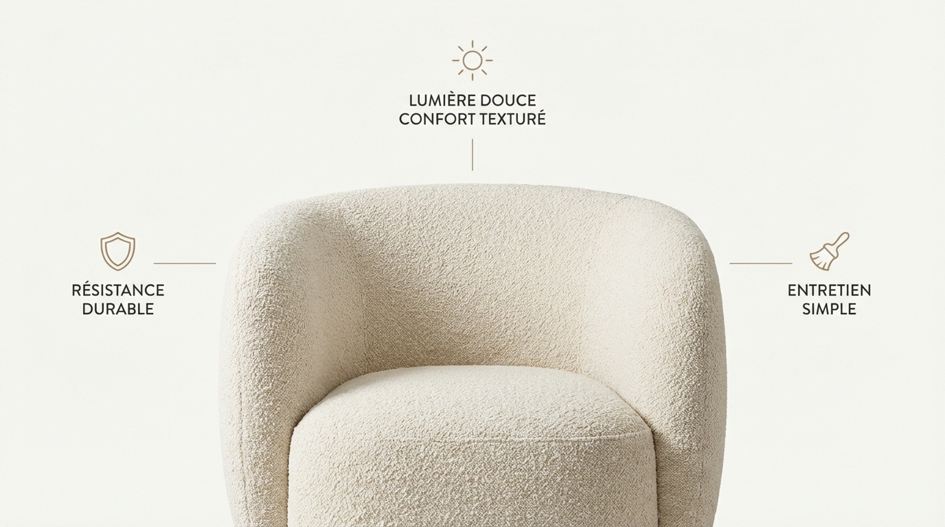 Fauteuil design en laine bouclée crème offrant confort et style moderne