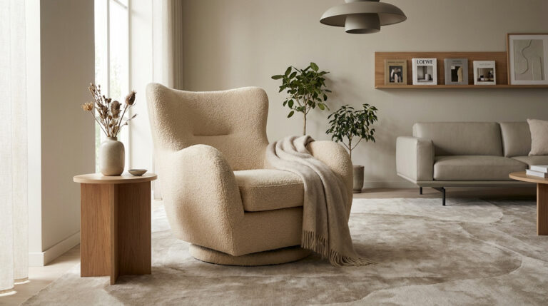 Fauteuil pivotant design en tissu bouclette beige dans un salon moderne et lumineux aux tons neutres, avec canapé et plantes vertes.