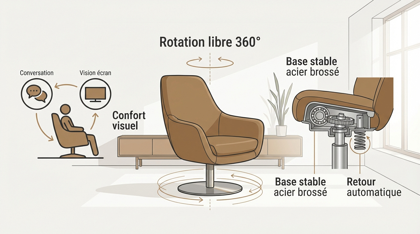 Fauteuil design pivotant avec base en acier et assise confortable pour salon moderne
