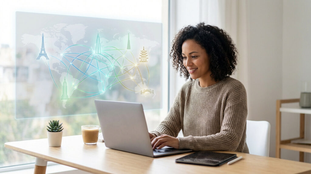 Femme souriante travaillant sur son ordinateur, derrière elle, carte du monde holographique avec monuments et réseau global de connexion.