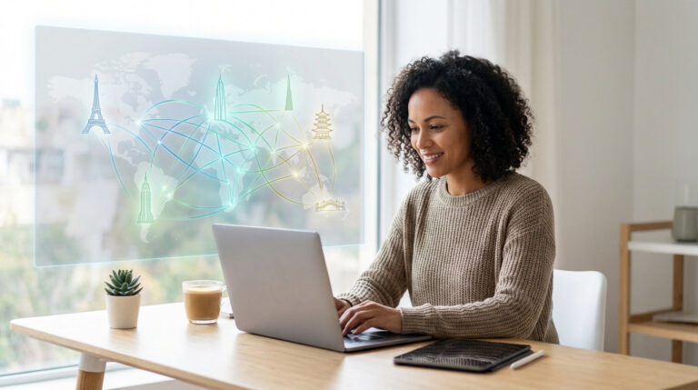 Femme souriante travaillant sur son ordinateur, derrière elle, carte du monde holographique avec monuments et réseau global de connexion.