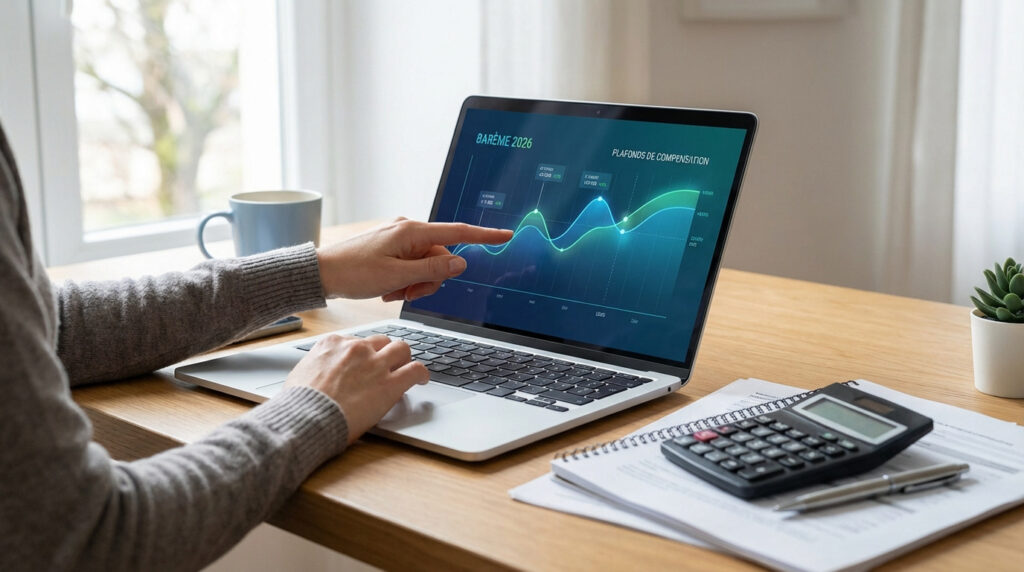 Personne analysant un graphique de barèmes et plafonds sur un ordinateur portable, avec calculatrice et documents sur un bureau en bois.