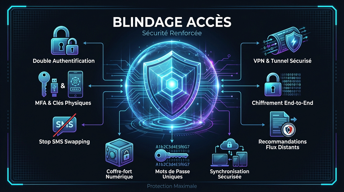 Infographie sur le blindage des acc&egrave;s et la s&eacute;curit&eacute; informatique en t&eacute;l&eacute;travail