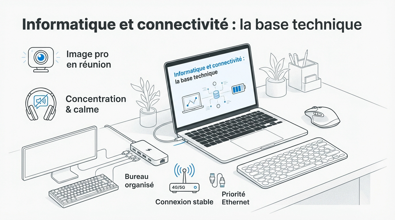 Infographie présentant l'équipement informatique essentiel pour le télétravail incluant ordinateur, hub et périphériques