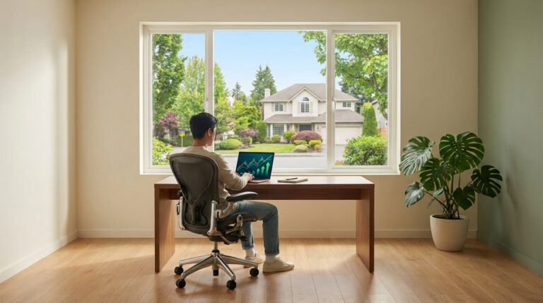 Un homme travaillant à domicile analyse les tendances immobilières sur son ordinateur portable avec vue sur une maison.