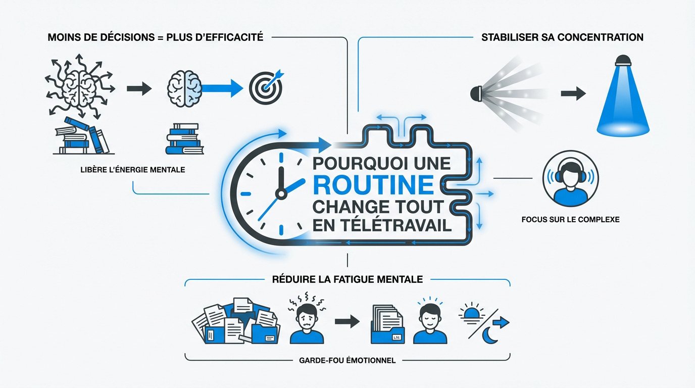 Femme d'origine ethnique diverse travaillant sereinement en télétravail avec une routine établie