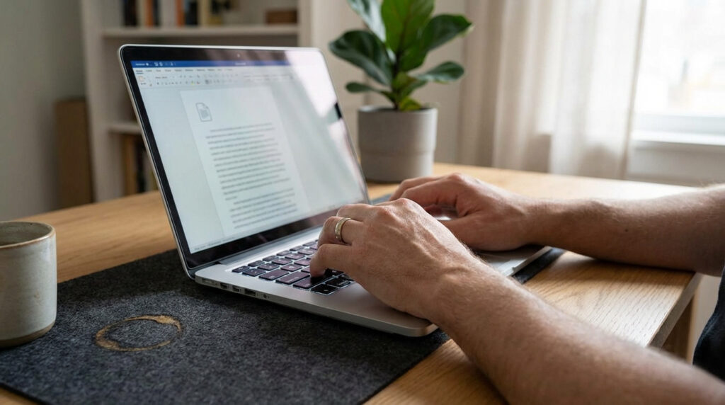 Personne tapant sur un ordinateur portable à la maison, l'écran affiche un document. Une tasse et une tache de café sont sur le tapis de bureau.