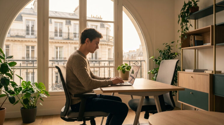 Jeune homme concentré sur son ordinateur portable, assis à un bureau près d'une grande fenêtre avec vue sur les toits parisiens.