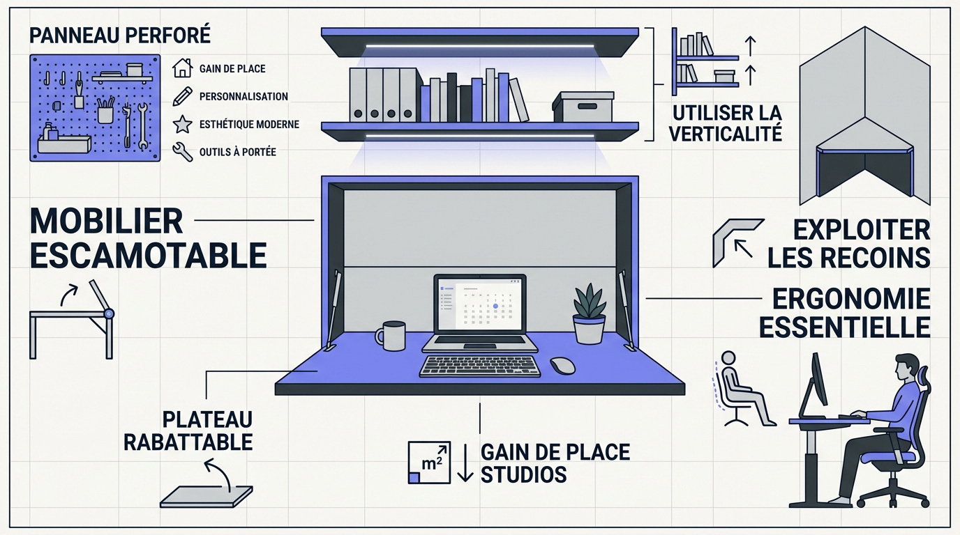 Bureau escamotable et rangement vertical studio