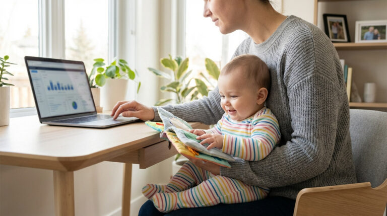 Une mère télétravaille sur un laptop, son bébé rieur joue avec un livre d'éveil sur ses genoux, illustrant le défi travail-famille.