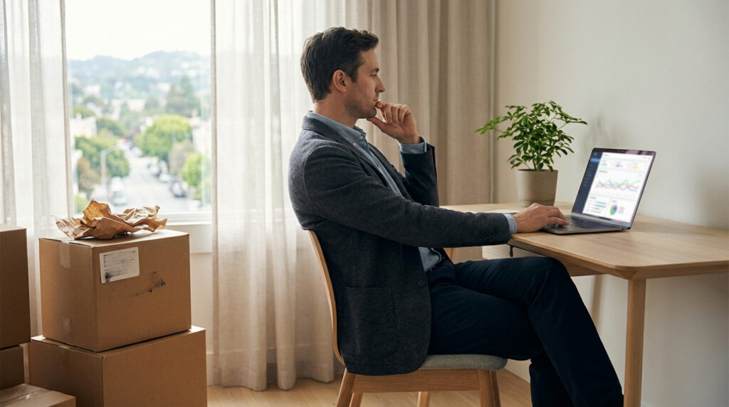 Homme en télétravail concentré sur son ordinateur portable, entouré de cartons de déménagement près d'une fenêtre.