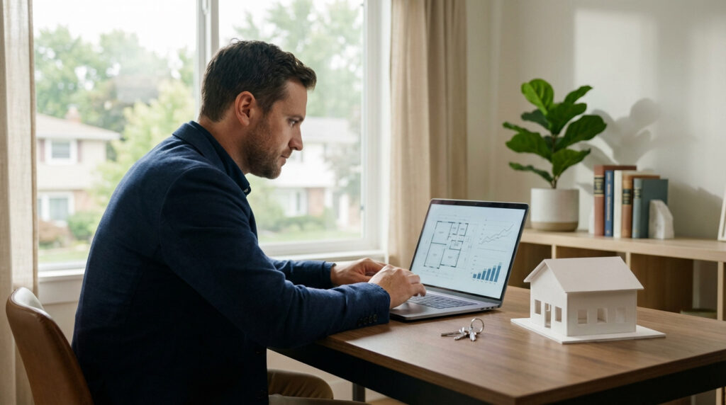 Un homme en veste travaille sur un ordinateur portable à son bureau à domicile, avec une maquette de maison, des clés et des graphiques immobiliers à l'écran.