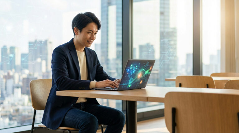 Homme souriant travaillant sur un ordinateur portable affichant des graphiques technologiques, dans un bureau moderne avec vue sur la ville.