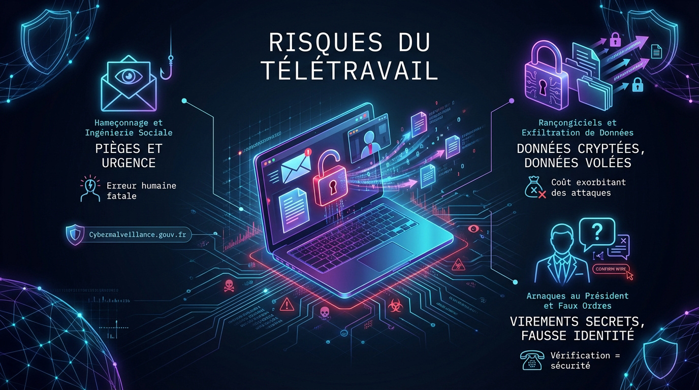 Femme en t&eacute;l&eacute;travail analysant des alertes de s&eacute;curit&eacute; informatique sur son ordinateur