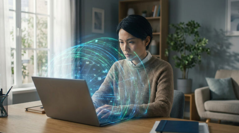 Une personne travaille sur un ordinateur portable, entourée d'une aura numérique symbolisant une connexion sécurisée par VPN et le télétravail.