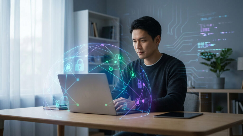 Un homme concentré sur son portable, entouré d'une sphère holographique de cadenas et connexions, symbolisant la cybersécurité en télétravail.