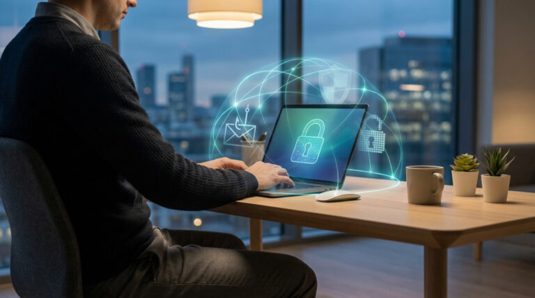 Homme sur un laptop affichant des icônes de cybersécurité (cadenas, bouclier, phishing) et un réseau lumineux, symbolisant le télétravail sécurisé.