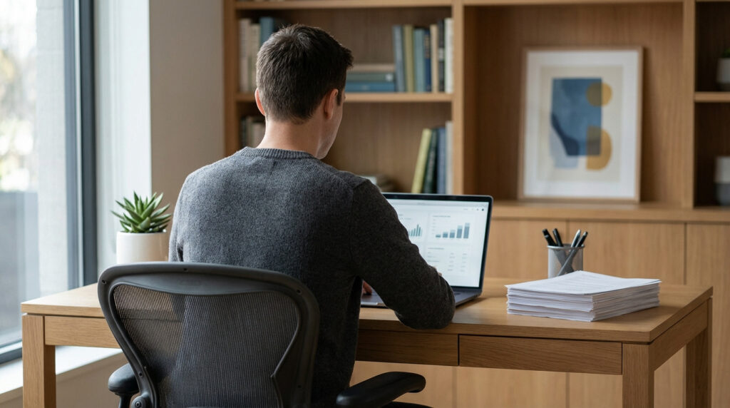 Vue de dos d'un homme travaillant sur un ordinateur portable à son bureau à domicile, à côté d'une fenêtre et d'étagères.