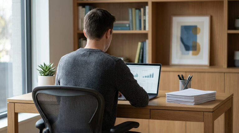 Vue de dos d'un homme travaillant sur un ordinateur portable à son bureau à domicile, à côté d'une fenêtre et d'étagères.