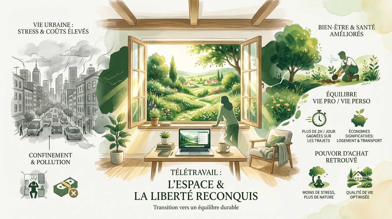 Femme épanouie en télétravail dans un jardin verdoyant à la campagne