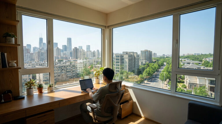 Un homme travaille sur son ordinateur portable à un bureau devant de grandes fenêtres offrant une vue imprenable sur une ville.